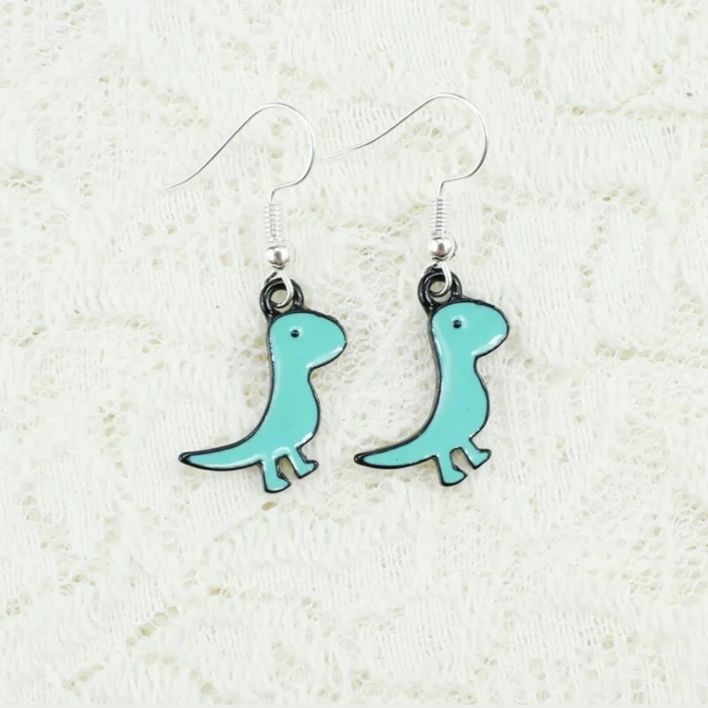 New Blue Baby Dinosaur Silver Hook Enamel Earrings